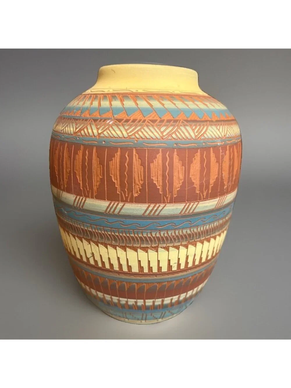 Native American Navajo Johnson Etched Painted Pottery Vase Southwestern Signed